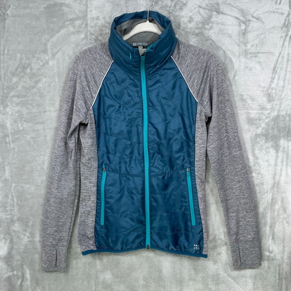 Title Nine Willpower Women's XS Insulated Full Zip Active Jacket Blue Gray Hood
